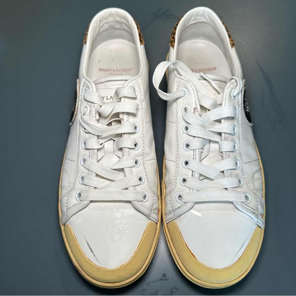 Saint Laurent Men Distressed White Leopard Low Top